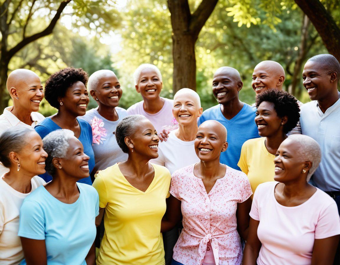 A serene and uplifting scene depicting a diverse group of cancer survivors engaging in a supportive community gathering. Bright sunlight filters through trees, highlighting their hopeful faces as they share stories and strategies. Include symbols of resilience like blooming flowers and colorful ribbons in the background. Soft, comforting colors create a warm atmosphere. super-realistic. vibrant colors. white background.