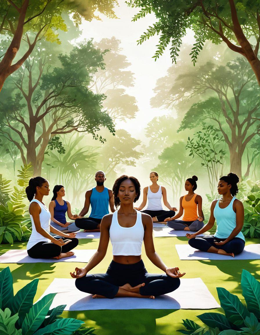 A vibrant illustration showcasing a diverse group of people in a supportive environment, engaging in integrative therapies like yoga and meditation surrounded by lush greenery, symbolizing healing and hope. In the background, faint outlines of medical symbols and tumor awareness ribbons blend harmoniously into the scene. The overall atmosphere is uplifting, promoting a sense of community and transformation. soft colors. super-realistic.