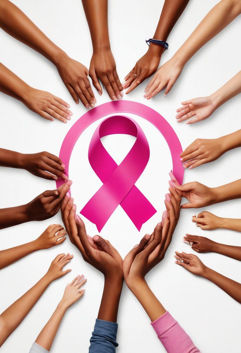A close-up of a diverse group of people sharing a moment of support, with one person displaying a symbol of hope like a pink ribbon, surrounded by elements symbolizing awareness and prevention, such as educational materials and healthy food options. The background should feature soft, warm colors to evoke a sense of community and empowerment. super-realistic. vibrant colors. white background.